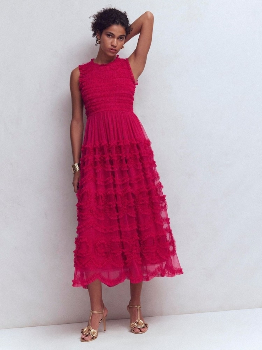 Boden Magenta Pink Tulle Ruffle Midi Dress Size US 4 / UK 8 Sleeveless Party